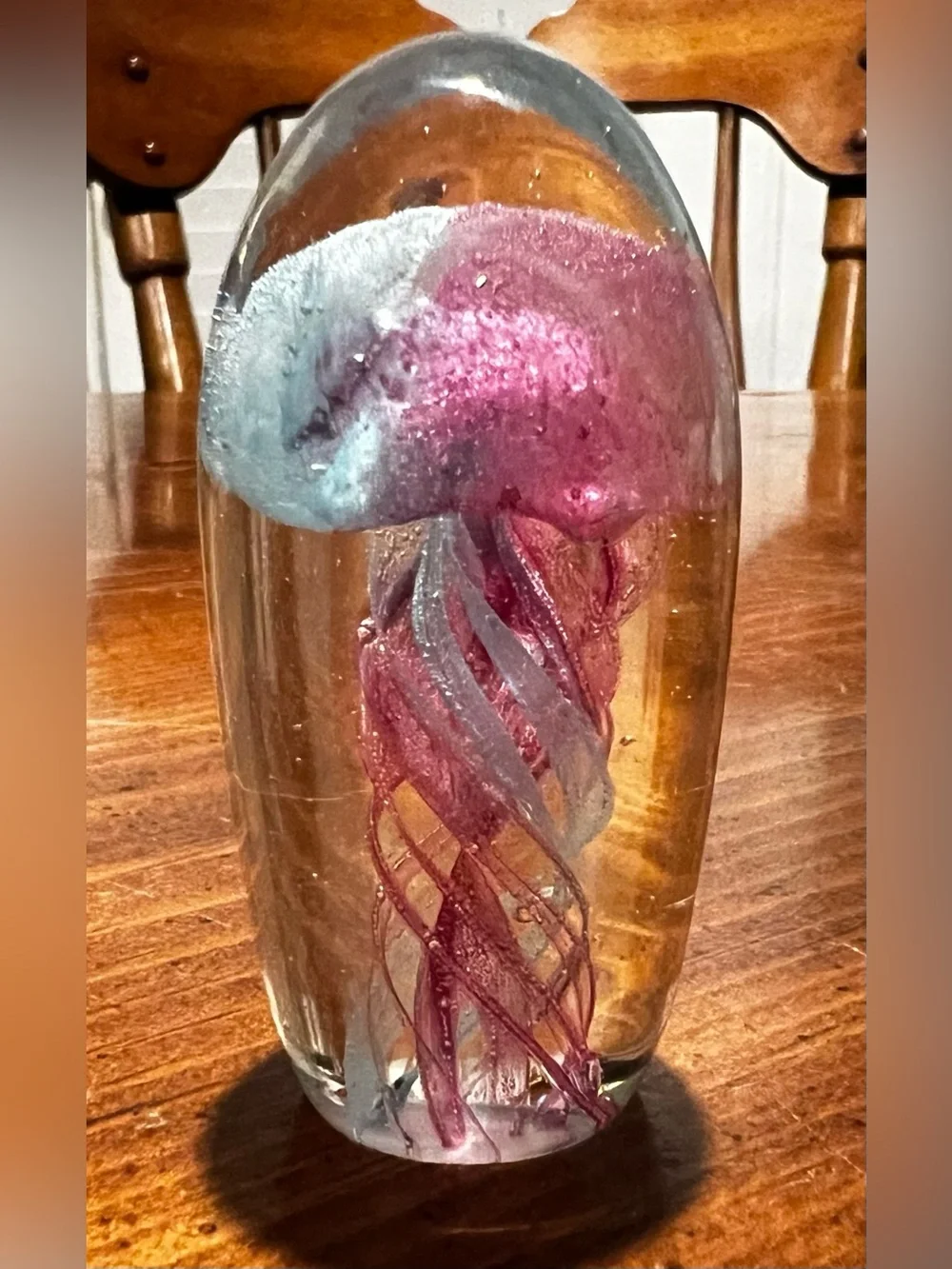 VTG Jellyfish Blue & Pink Blown Glass Egg-shaped Paperweight 3 Inches